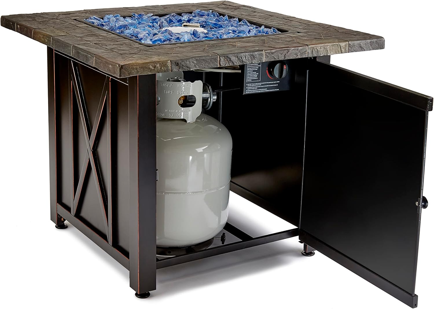 Endless Summer Mesa cuadrada de gas propano líquido de 30 pulgadas y 30.000 BTU para exteriores con botón de encendido, vidrio azul y cuenco de