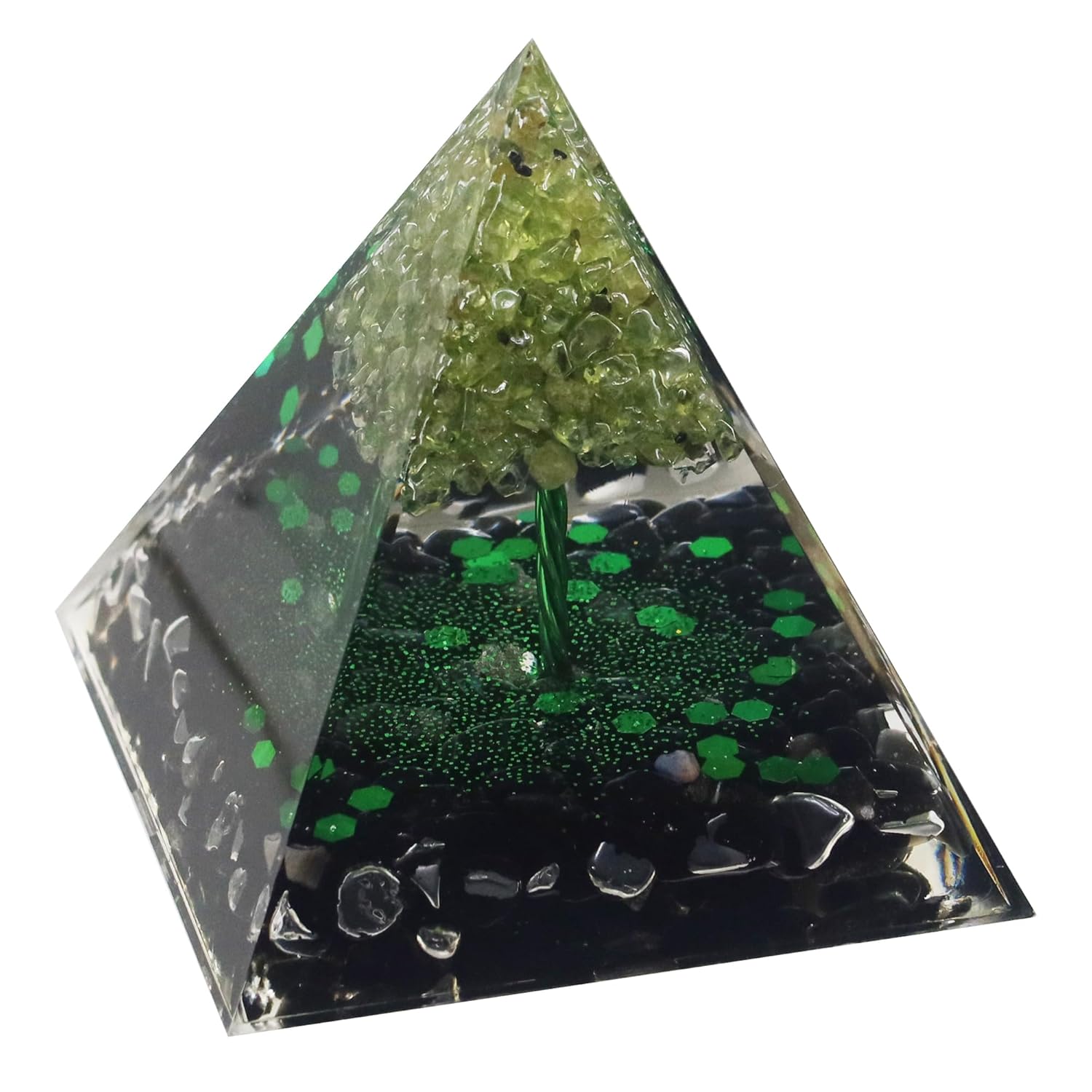 Handmade Crystals Orgone Pyramid, Tree of Life, Peridot & Black Obsidian Orgonite Pyramids Energy Generator, NP01001-01006