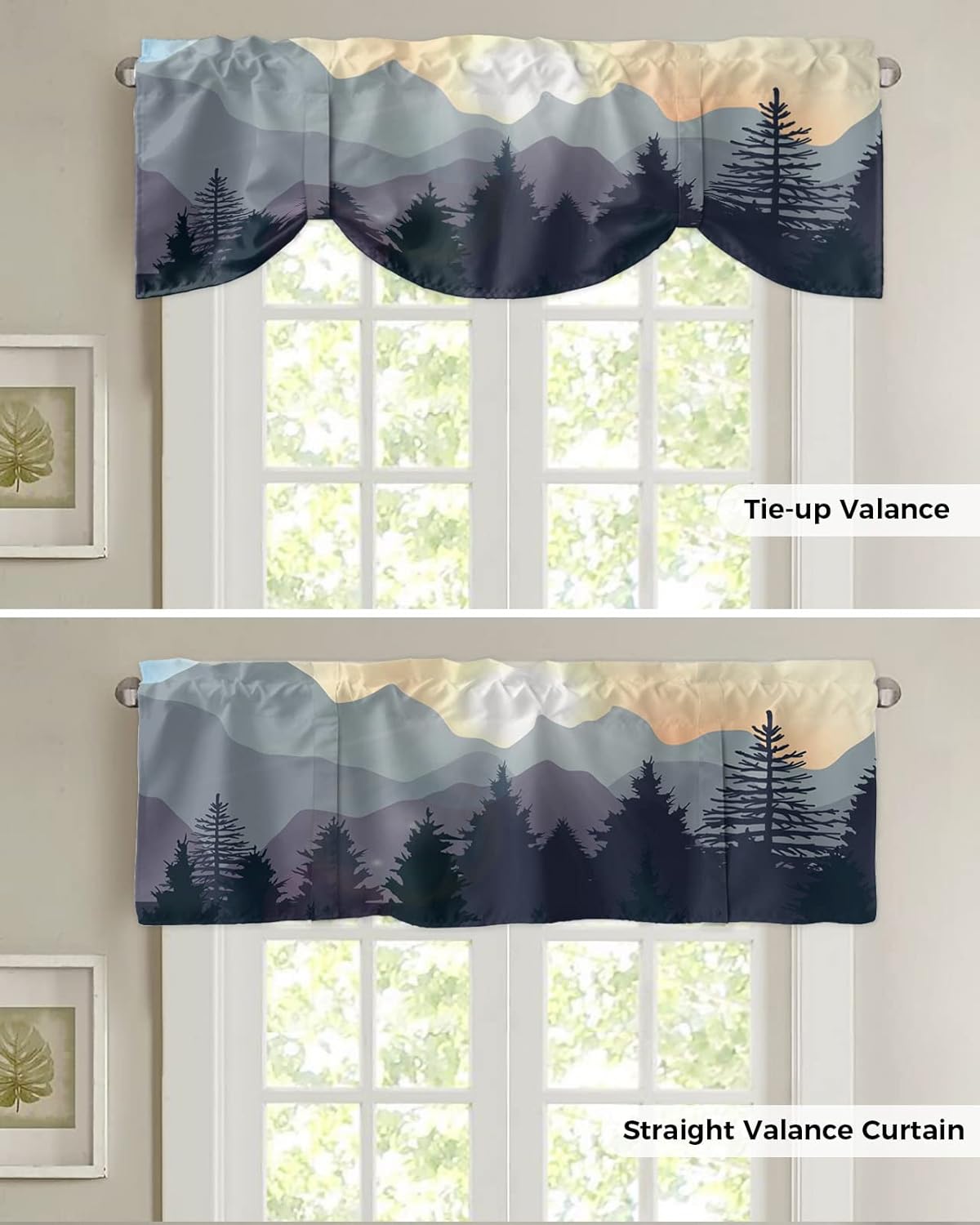 Tie Up Valances for Windows, Sunset Sundown Mountains Pine Trees Woods Magnificent Scenery Adjustable Rod Pocket Short Curtain Windows Treatment