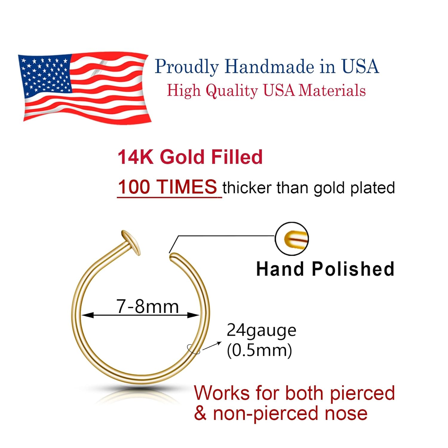 Gold Silver Small thin nose ring hoop 20G 20 22 gauge stud nostril piercing jewelry for Women, 14k Gold filled or 925 sterling silver nose hoop (14k