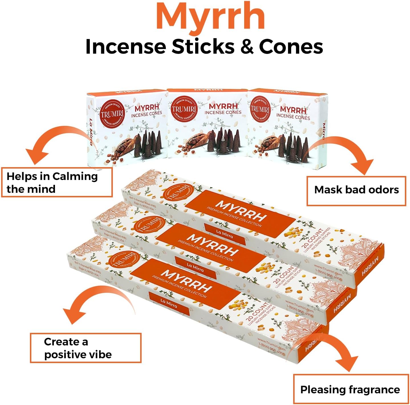 Paquete combinado de varillas de incienso perfumadas de mirra y conos de incienso  60 varillas de incienso + 30 conos de insencia  Inscienso  Conos