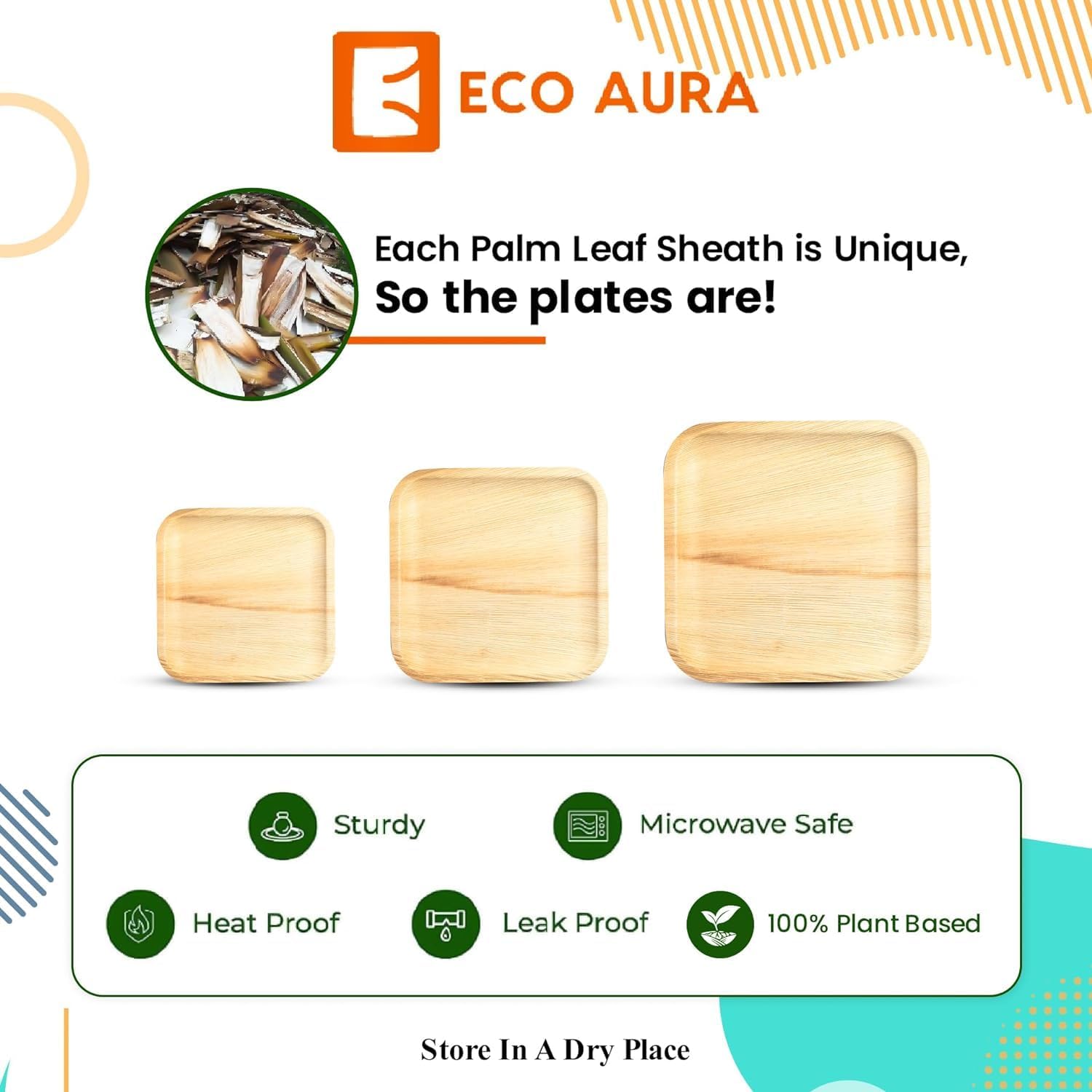 ECO AURA Platos cuadrados compostables de hoja de palma natural, biodegradables, desechables, como platos de bambú, platos ecológicos, perfectos