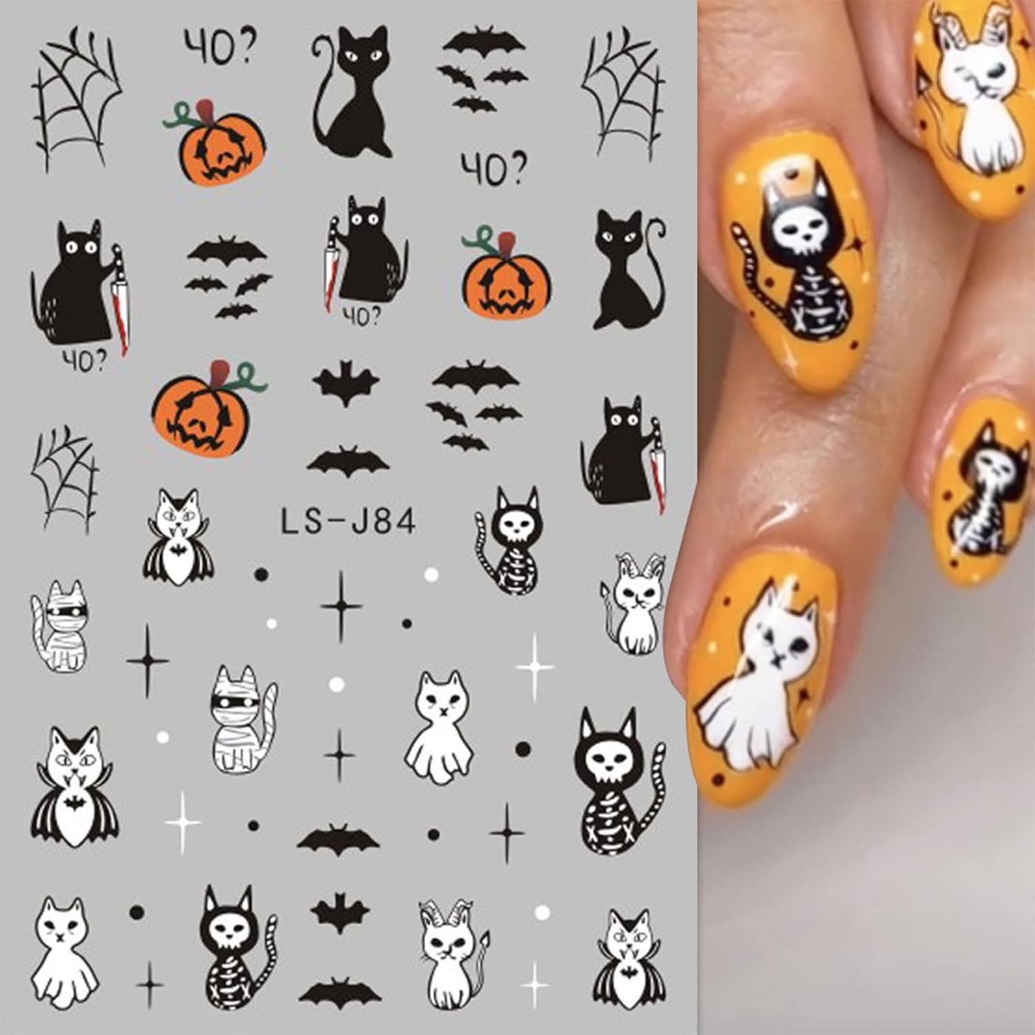 JMEOWIO 9 hojas de calcomanías de arte de uñas de Halloween, calcomanías autoadhesivas, uñas de terror, fantasma, bruja, telaraña, murciélago, gato,