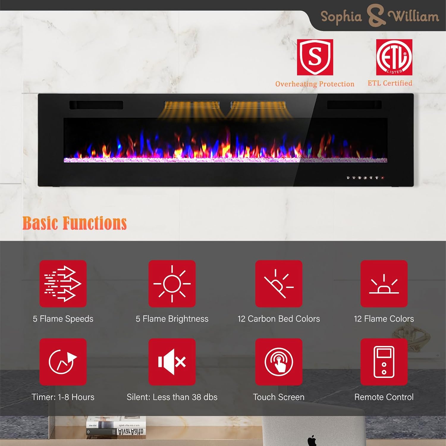 Sophia & William Chimenea eléctrica de 72 pulgadas montada en la pared y empotrada, calentador eléctrico ultrafino de 3.86 pulgadas con control