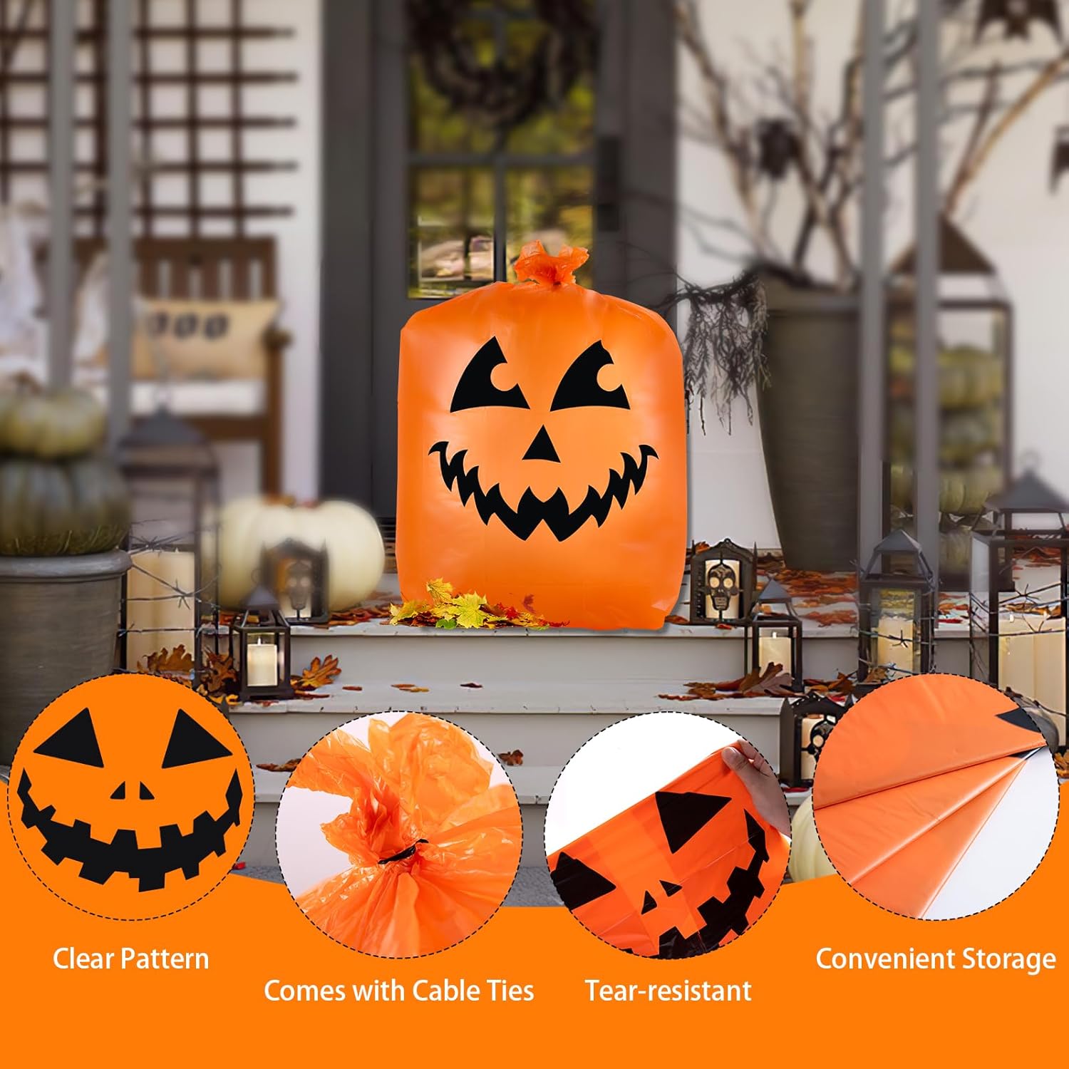 CHANGE MOORE Bolsas de césped de hojas de Halloween, 7 unidades, 4 diseños, bolsa de césped de calabaza con lazos giratorios, decoraciones de