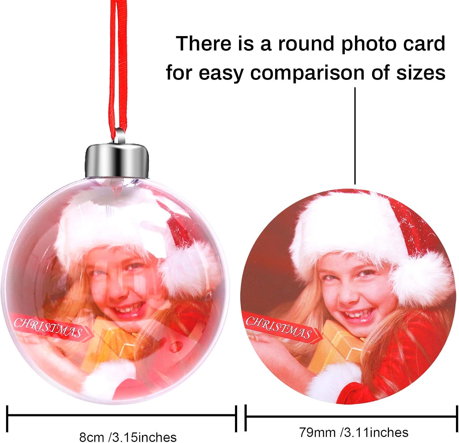 Aneco 10 adornos acrílicos transparentes para fotos, bola de Navidad de 3.150 in, adornos colgantes con tapa plateada y cordón rojo para exhibición