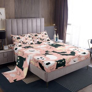 Feelyou Juego de sábanas de Halloween tamaño Queen, juego de sábanas de calabaza fantasma y gato, juego de sábanas de microfibra para Halloween con Feelyou Juego de sábanas de Halloween tamaño Queen, juego de sábanas de calabaza fantasma y gato, juego de sábanas de microfibra para Halloween con