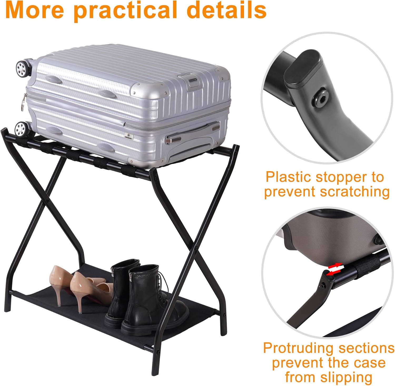 Heybly Portaequipajes, paquete de 2, soporte plegable de acero para maleta con estante de almacenamiento para habitación de invitados, dormitorio,