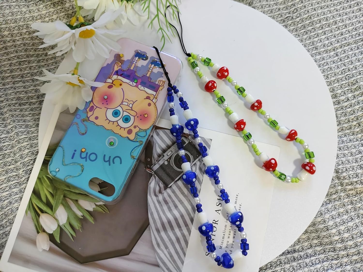 1-2 piezas de cordón con cuentas de hongos rojosverdes para teléfono, accesorios estéticos, correa de muñeca dulce, cadena antipérdida para mujeres