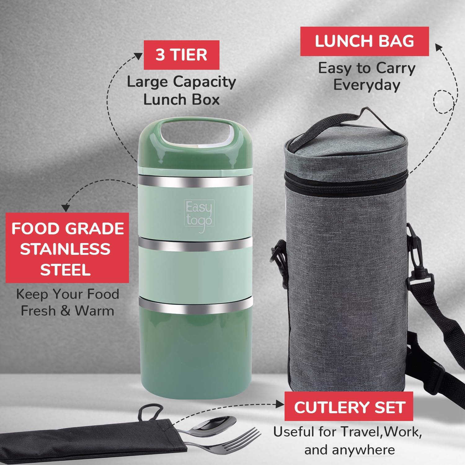 Lonchera de 3 niveles, 43 onzas, color verde, apilable, de acero inoxidable, con bolsa de almuerzo y juego de cubiertos, lonchera portátil, para
