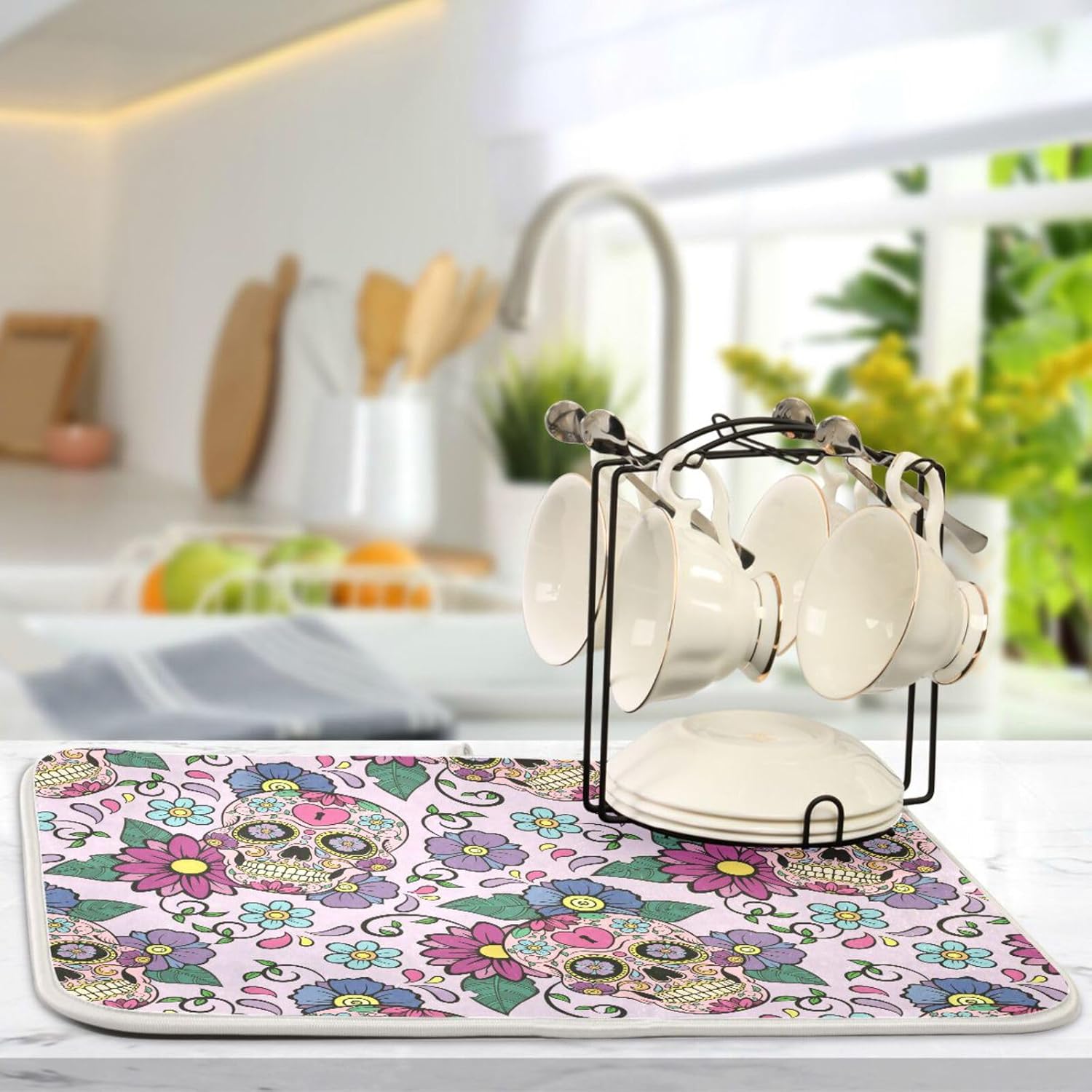Festive Sugar Skulls Drying Dish Mat Washnable Absorbent Kitchen Countertop Decor Drying Mats For Countertop Tapete Para Cocina 16” x 18”