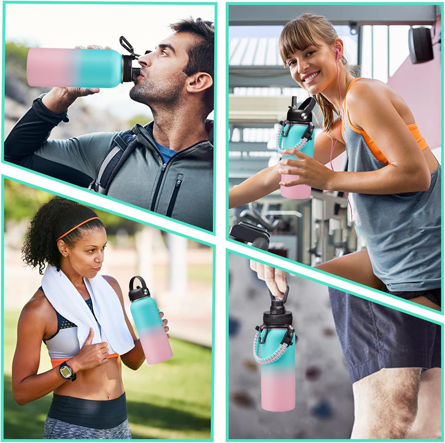 Botella de agua de acero inoxidable de 32 onzas, con mango de paracaídas, tapas de popote y boquilla, funda para botella, termo de metal