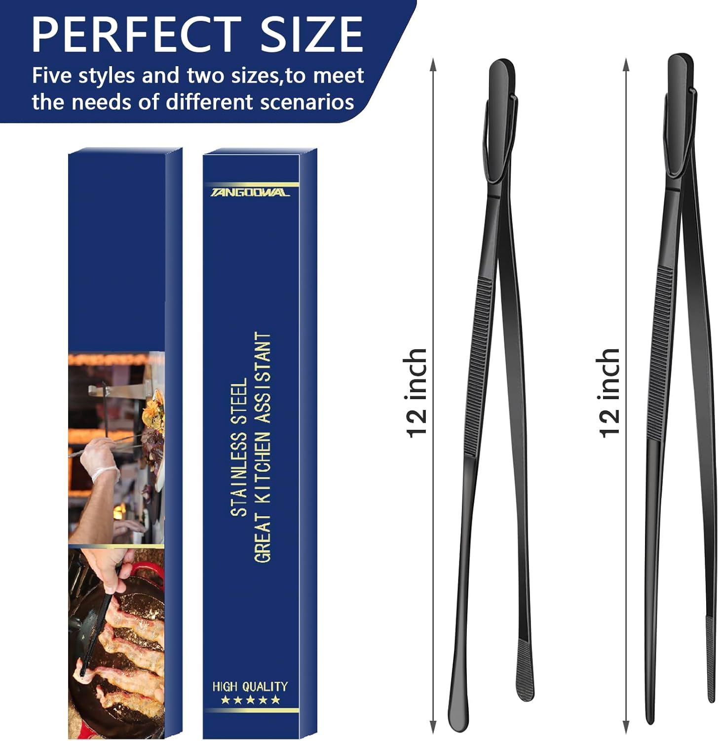 2 pinzas largas y finas de 12 pulgadas para cocinar, pinzas de acero inoxidable para cocina y cocina, color negro