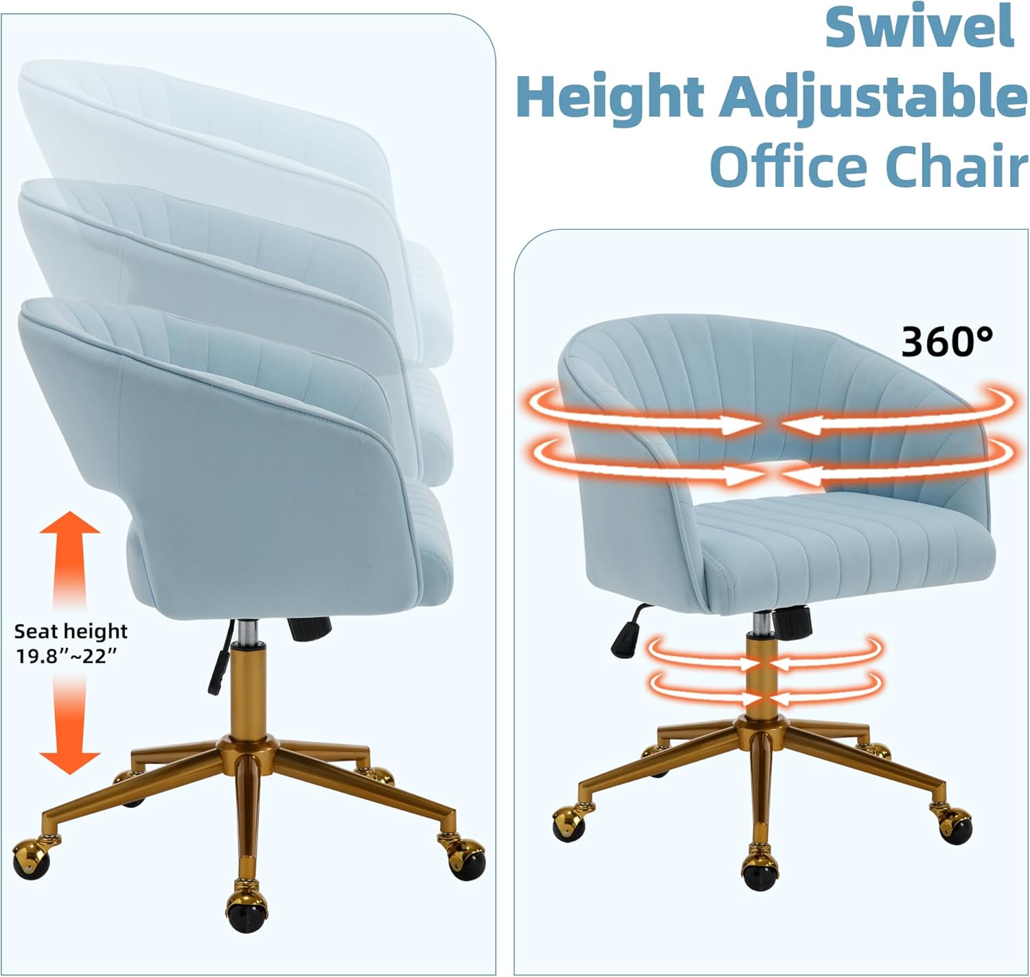 Westice Sillas de escritorio de oficina en casa, moderna silla rodante de terciopelo, silla giratoria de altura ajustable con base dorada, silla