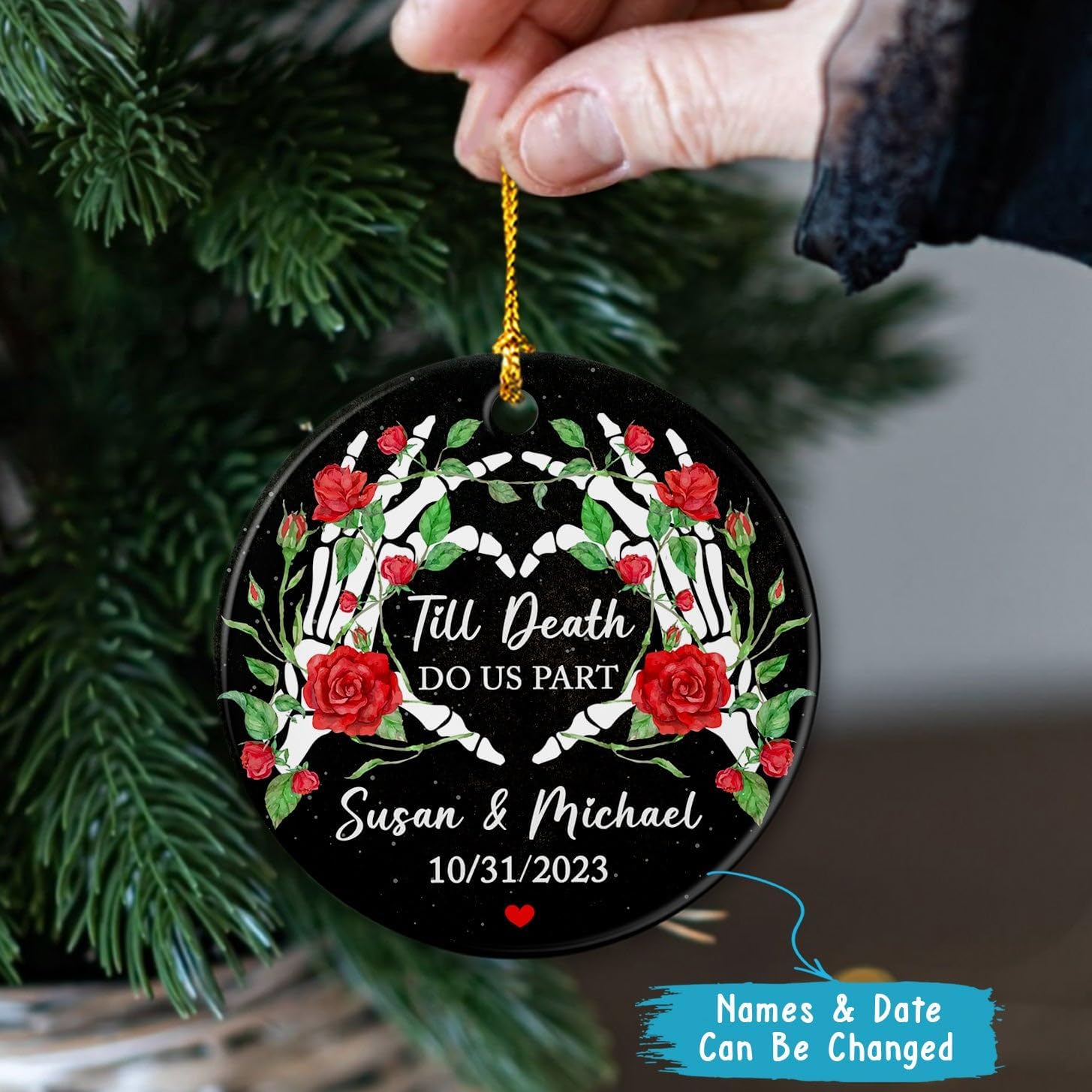 Adorno de cerámica de Navidad para parejas, esposo, esposa, adorno de Navidad Till Death Do Us Part, adorno de Navidad de esqueleto gótico, adorno