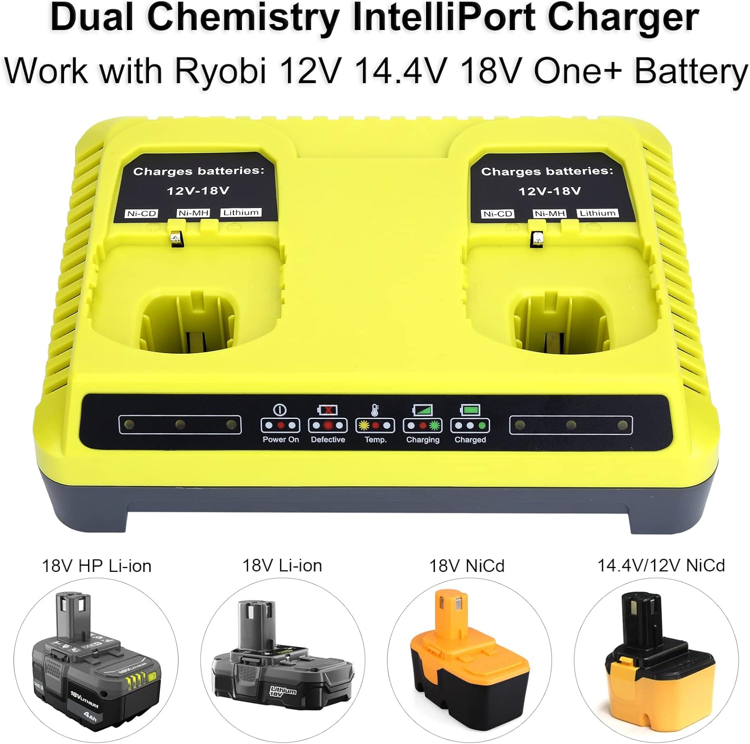 Cargador rápido P117 de 2 puertos para batería Ryobi 18V ONE+ Max Lithium P100 P102 P103 P105 P107 P108 P117 P118 12V-18V Li-Ion NiCd NiMh Batería