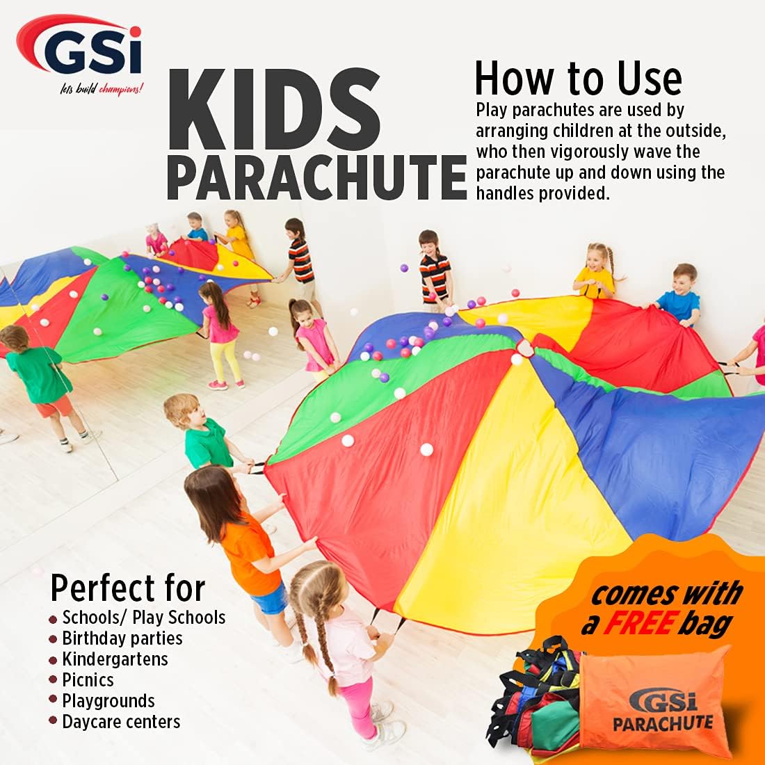 GSi Kids Play Parachute 24 Ft, 30Ft, 35Ft Toy with Handles and Carry Bag for Cooperative Play and for Upper-Body Strength  Multi-Colored