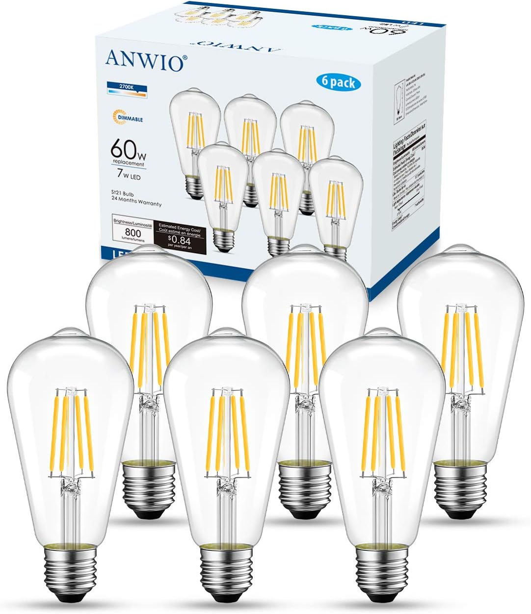 ANWIO ST21 Bombilla LED de filamento 7 W (equivalente a 60 vatios), regulable 2700 K, blanco cálido, bombilla Edison vintage E26, base mediana
