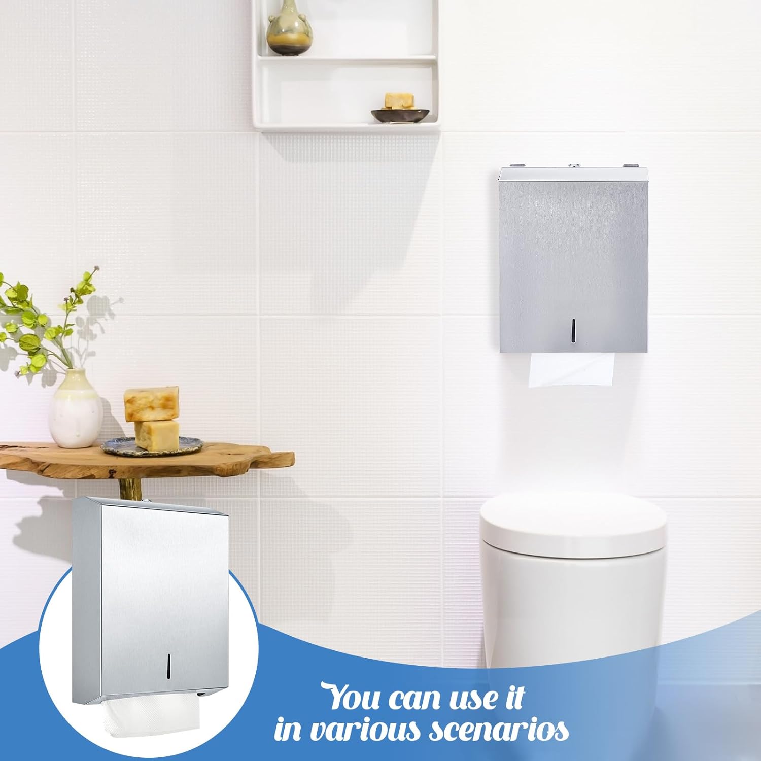 Mifoci Dispensador de toallas de papel de acero inoxidable montado en la pared, dispensador de toallas de mano comercial con diseño de cerradura,