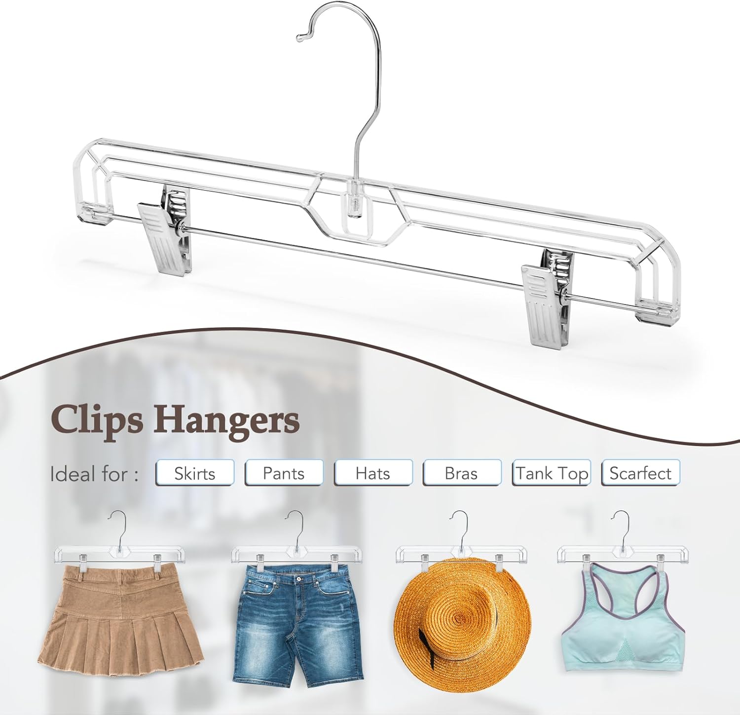 HOUSE DAY Perchas transparentes para faldas con clips, colgador de plástico antideslizante para pantalones con 2 clips ajustables, colgador de clip
