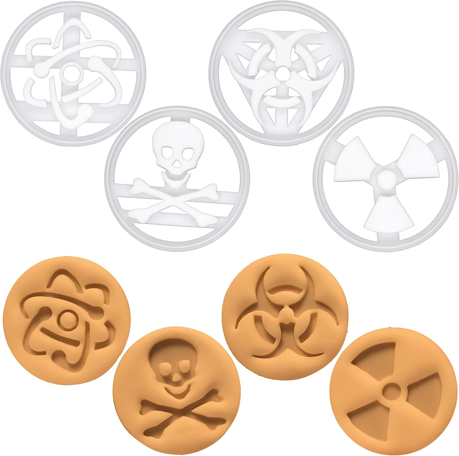 Juego de 4 cortadores de galletas con símbolos científicos (diseños átomo, riesgo biológico, radiación y símbolo tóxico), 4 piezas – Bakerlogy