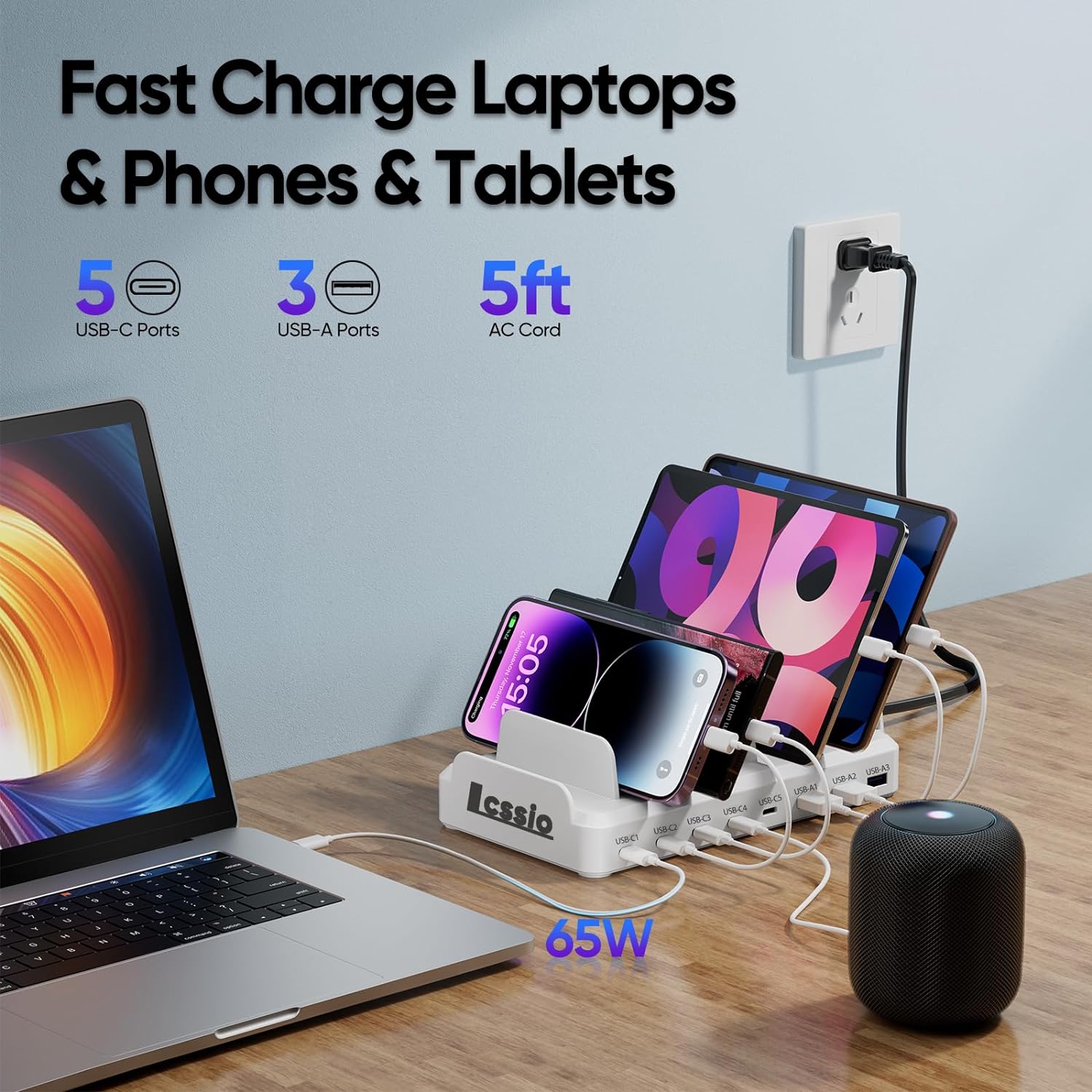 Estación de carga de 280 W para múltiples dispositivos, estación de carga USB C de 8 puertos de carga rápida para MacBook iPhone 15 Teléfono iPad
