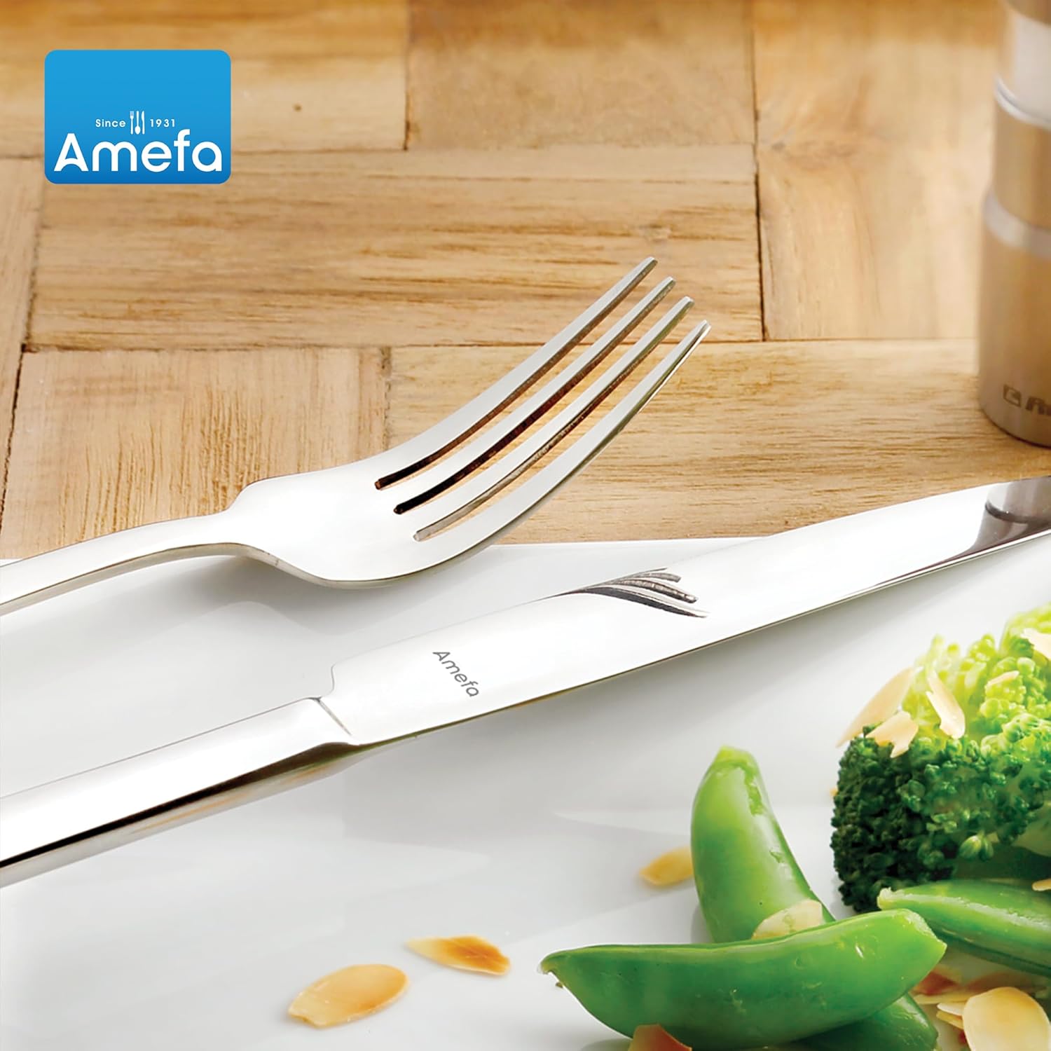 Amefa Moderno juego de cubiertos de acero inoxidable 1810 de 20 piezas, acabado de espejo de alto brillo, juego de cubiertos de servicio para 4,