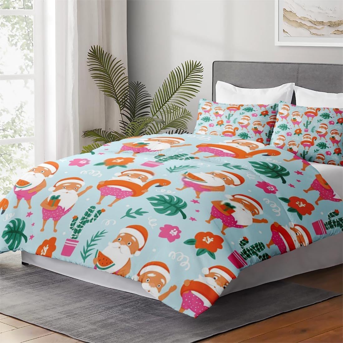 Juego de funda de edredón, diseño tropical de Papá Noel de Navidad para niños y adultos, decoración de dormitorio, juego de funda de edredón con