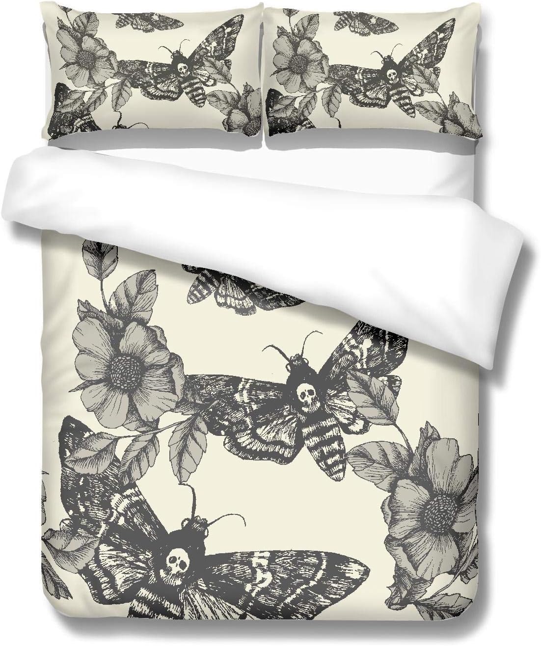 Juego de ropa de cama con estampado digital 3D Cráneo de la muerte y flor crema 100% microfibra cepillada Juego de funda de edredón de 3 piezas,