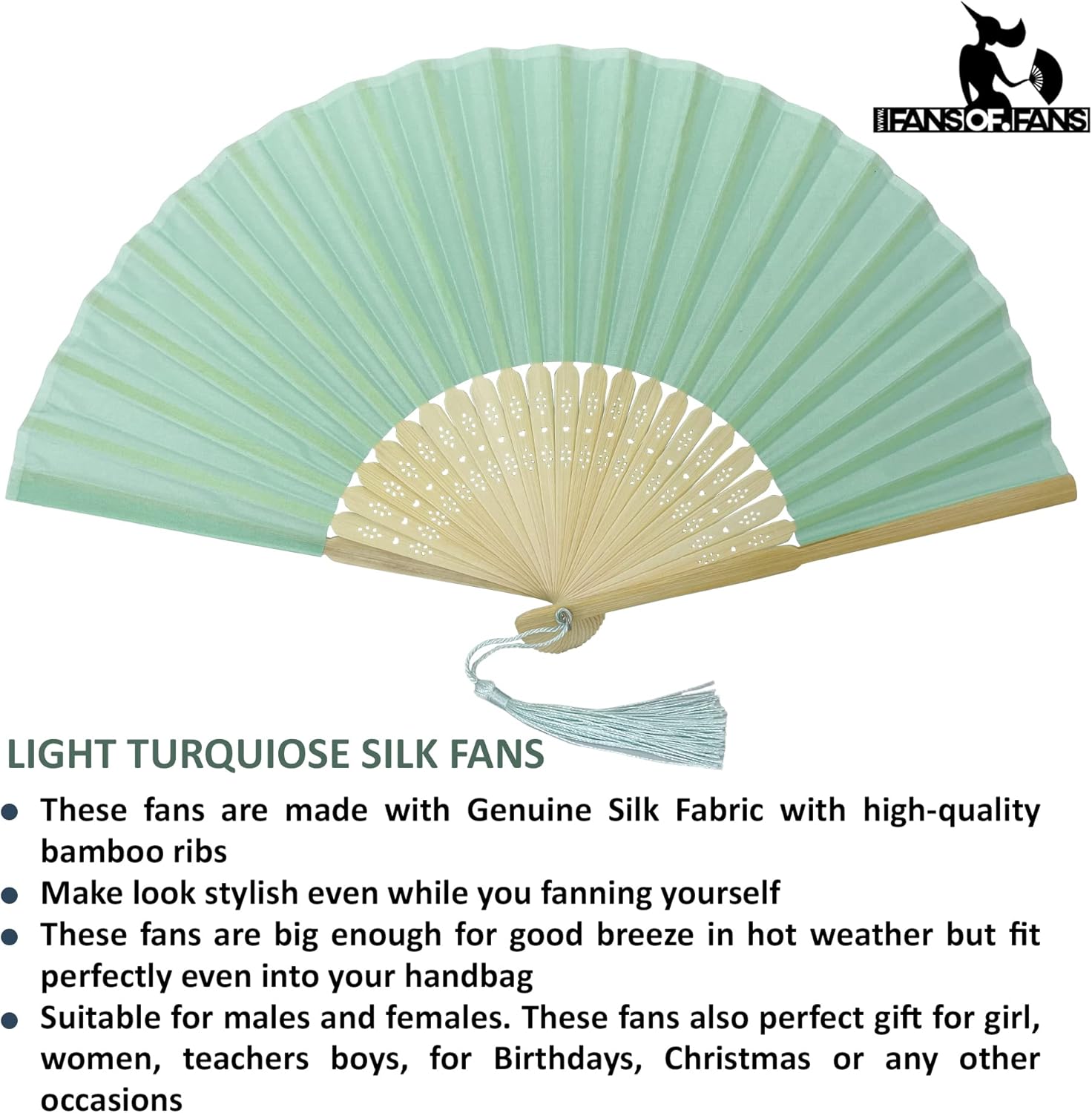 FANSOF.FANS Paquete de 10 abanicos de mano de tela con borla de grado A, varillas de bambú para fiesta de boda (turquesa claro)