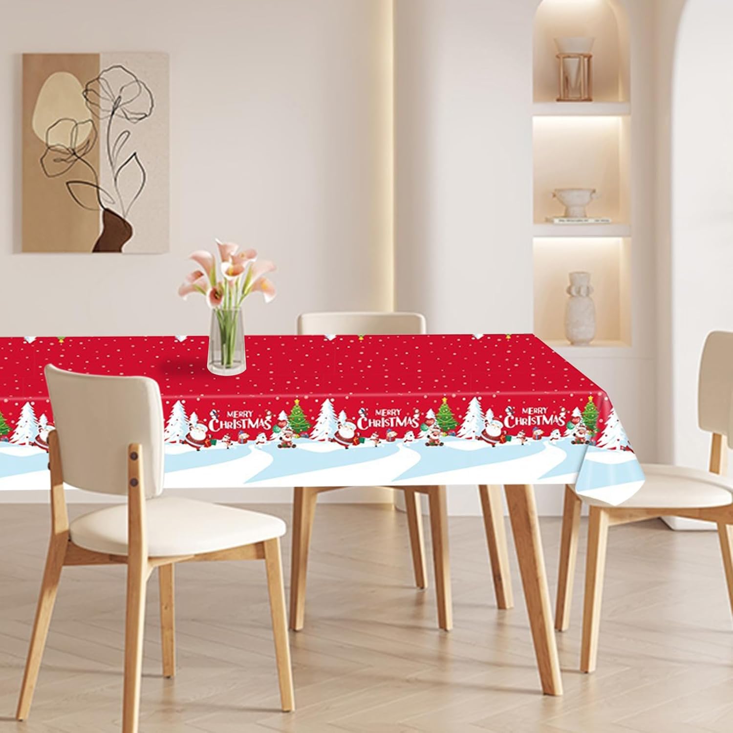 3 manteles de plástico de Navidad desechables, 54 x 108 pulgadas, mantel rectangular de vinilo rojo de Navidad, copos de nieve, para decoración de