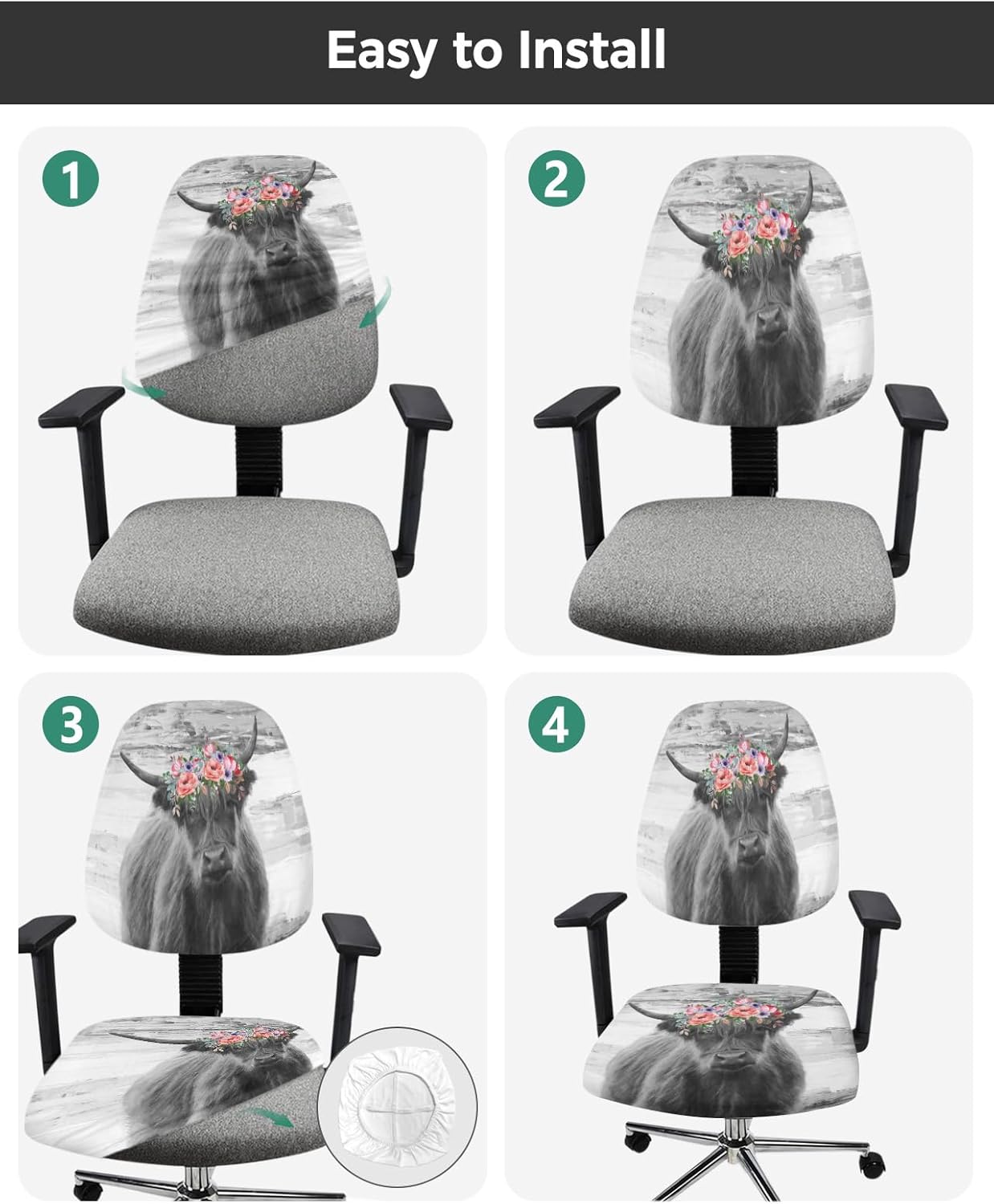 Fundas para silla de computadora de oficina, vaca de las tierras altas con corona, protector y elástico, resistente al agua, fundas de asiento