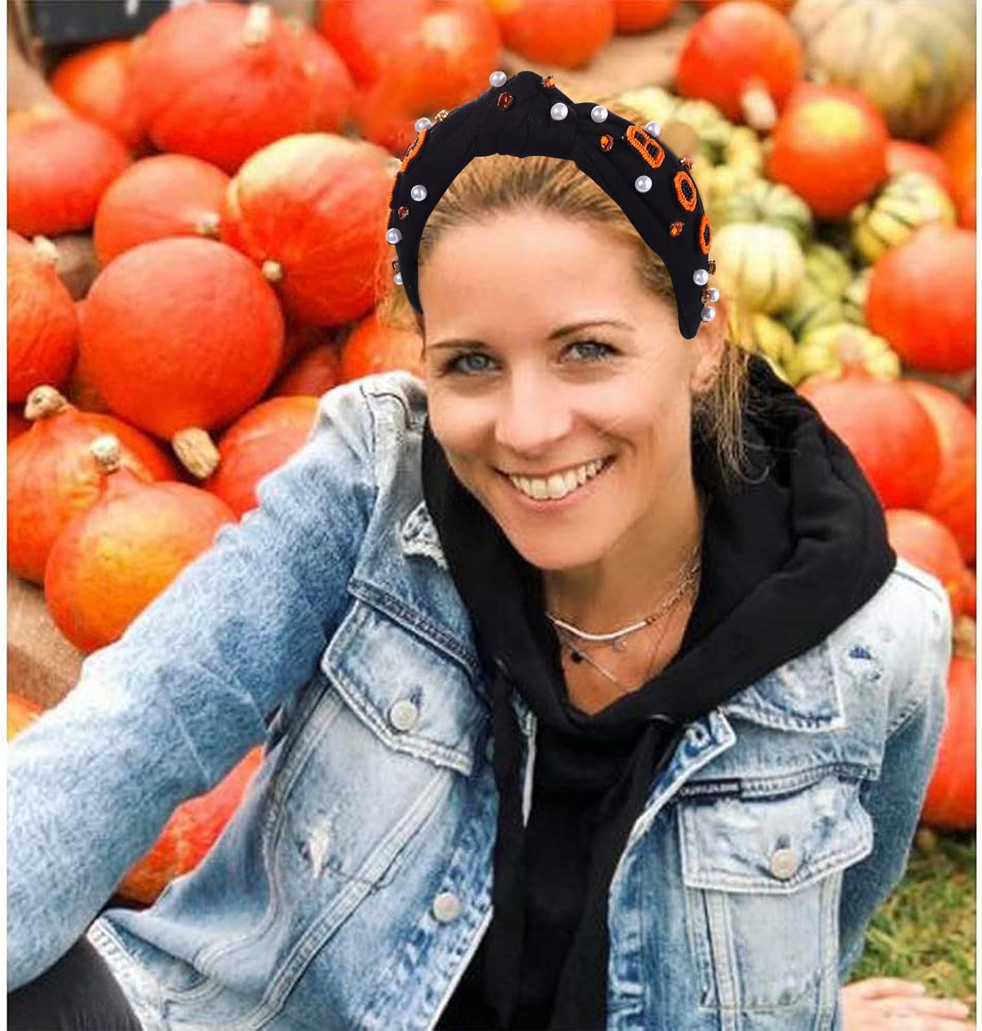 NVENF Diadema de Halloween para mujer, accesorios con cuentas de calabaza, fantasma, boo, diadema con diamantes de imitación, diadema anudada de