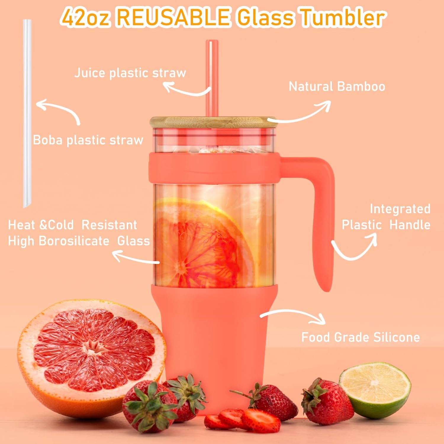 tronco Vaso de vidrio de 40 onzas con popote y tapa, vaso de vidrio reutilizable con asa, taza de café helado con tapa de bambú, botellas de agua de