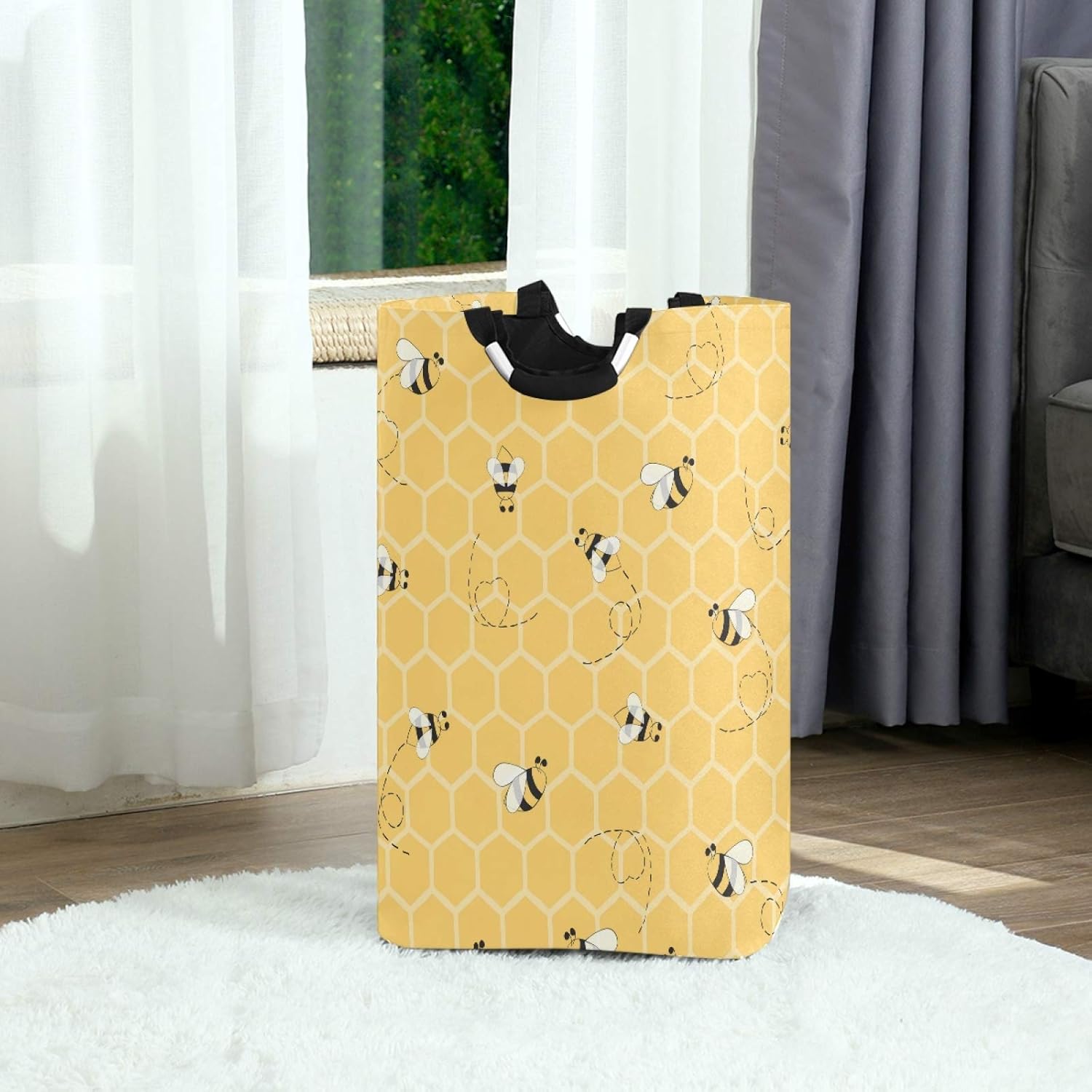 AUUXVA Cesta de lavandería amarilla con diseño geométrico de panal de abeja y colmena, cesta de almacenamiento grande plegable con asas para baño,