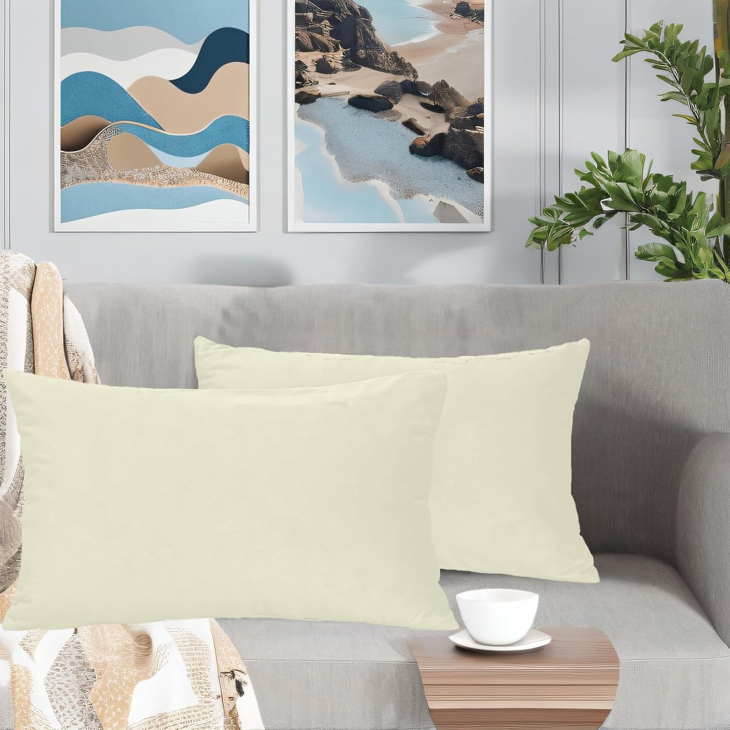 FULDGAENR Juego de 2 fundas de almohada de terciopelo de 12 x 20 pulgadas para sofá, color blanco crema, fundas decorativas para cojín lumbar de 12