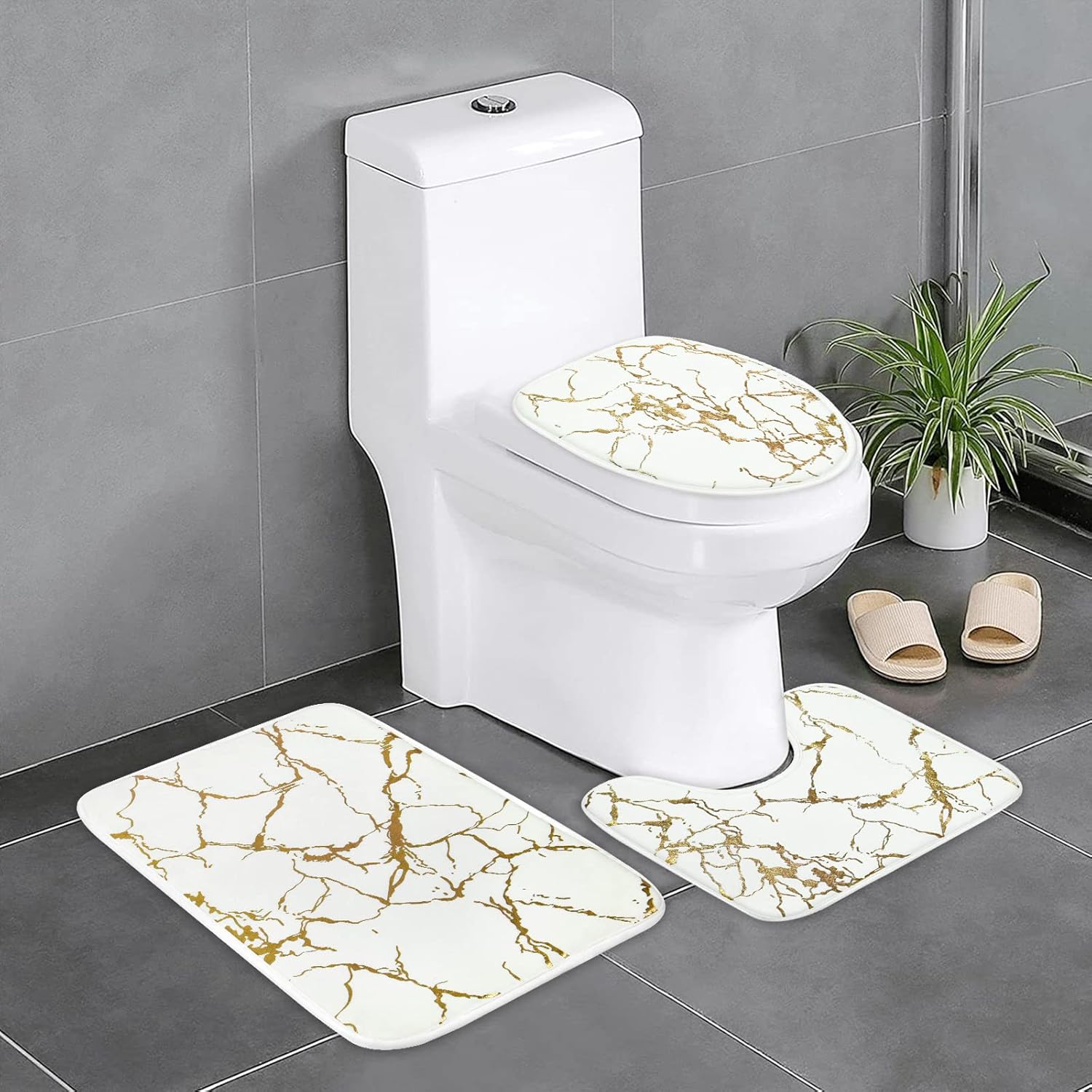 Alishomtll Juego de alfombras de baño de mármol de 3 piezas con alfombra antideslizante, cubierta para tapa de inodoro y tapete de baño, juego de