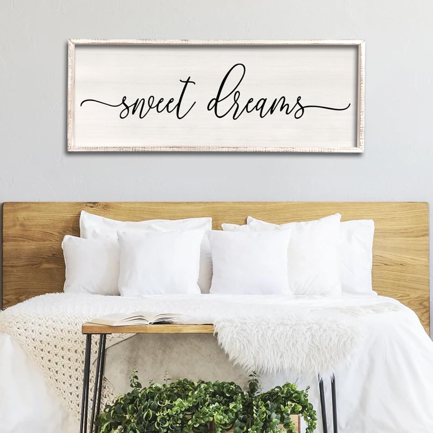 Decoración de pared de Sweet Dreams sobre la cama, 32 x 12 pulgadas, letrero grande de dulces sueños, decoración de pared de granja para habitación