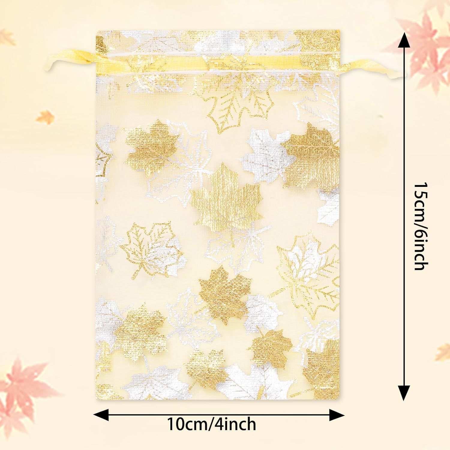 Whaline 100 bolsas de organza de otoño con cordón de hojas de arce doradas, bolsas de regalo de joyería de Acción de Gracias, bolsas de regalo para