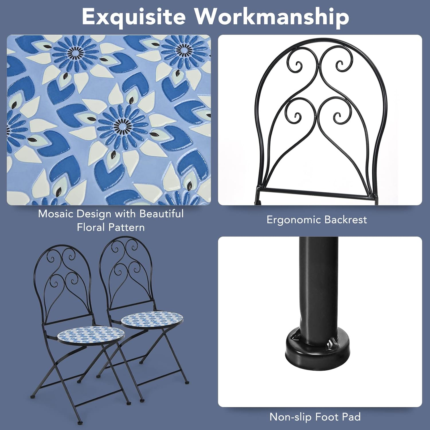 Giantex 2 sillas plegables de bistró, sillas de patio de mosaico con asiento de azulejos de cerámica y exquisito patrón floral, sillas de comedor al