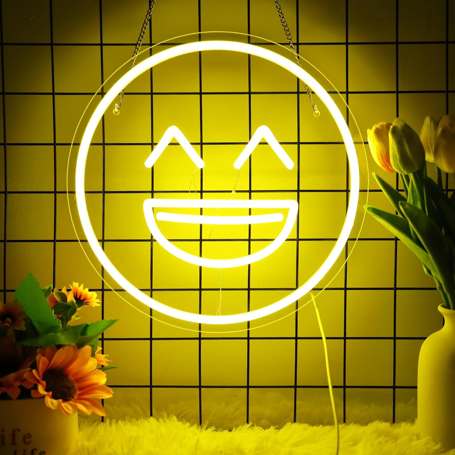 Letrero de neón con cara sonriente para decoración de pared, 5 V, alimentado por USB, con luz LED, luz de neón feliz con interruptor regulable para
