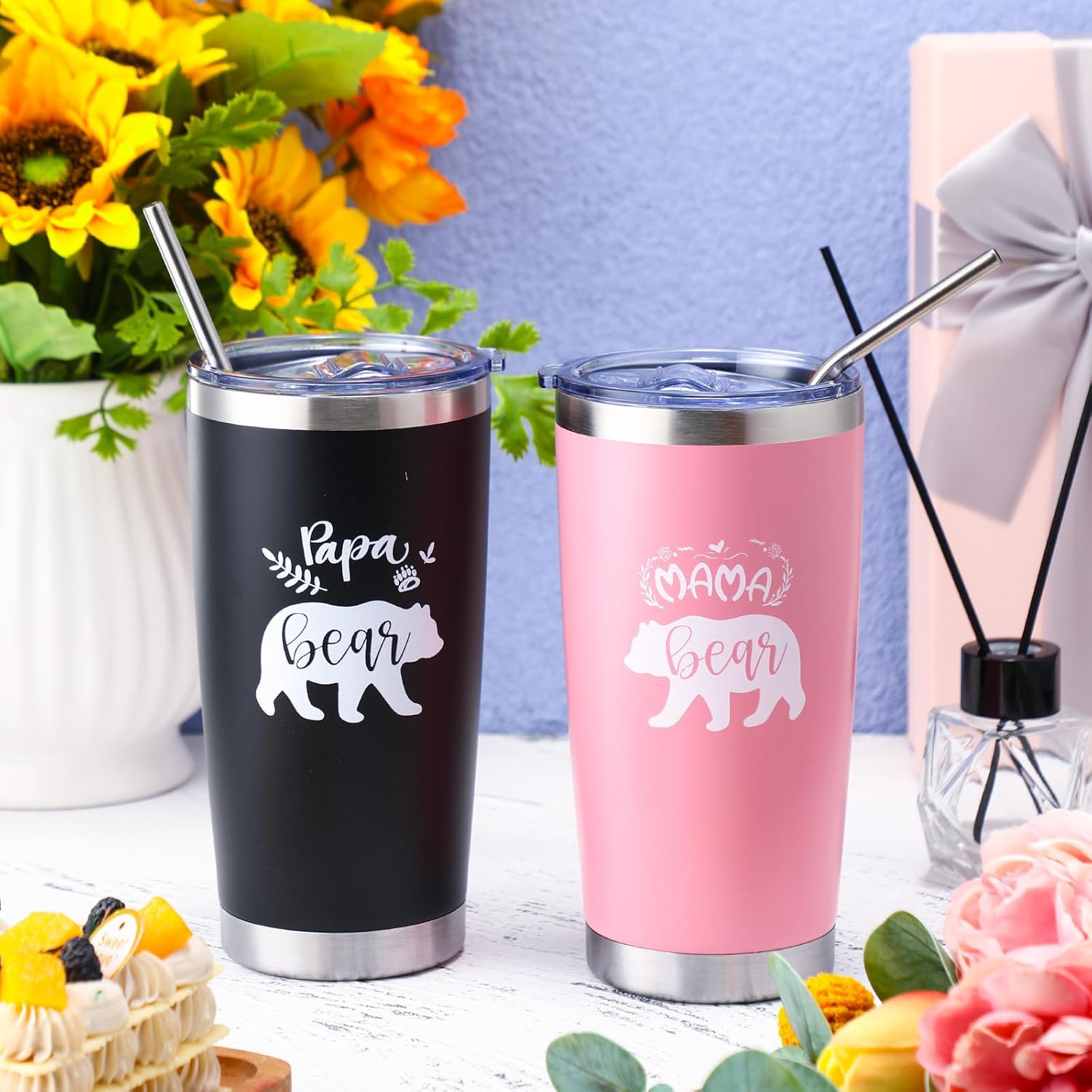 Ziliny Juego de 2 vasos con aislamiento de acero inoxidable de 20 onzas con tapa para pajitas, regalos para papá, mamá, pareja, papá, mamá,