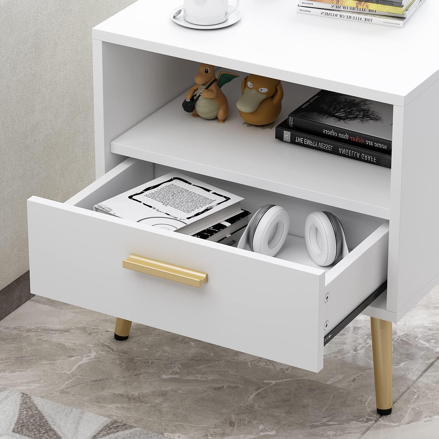 ECACAD Moderna mesita de noche con cajón y estante abierto, mesa auxiliar con patas de metal dorado para dormitorio, sala de estar, color blanco