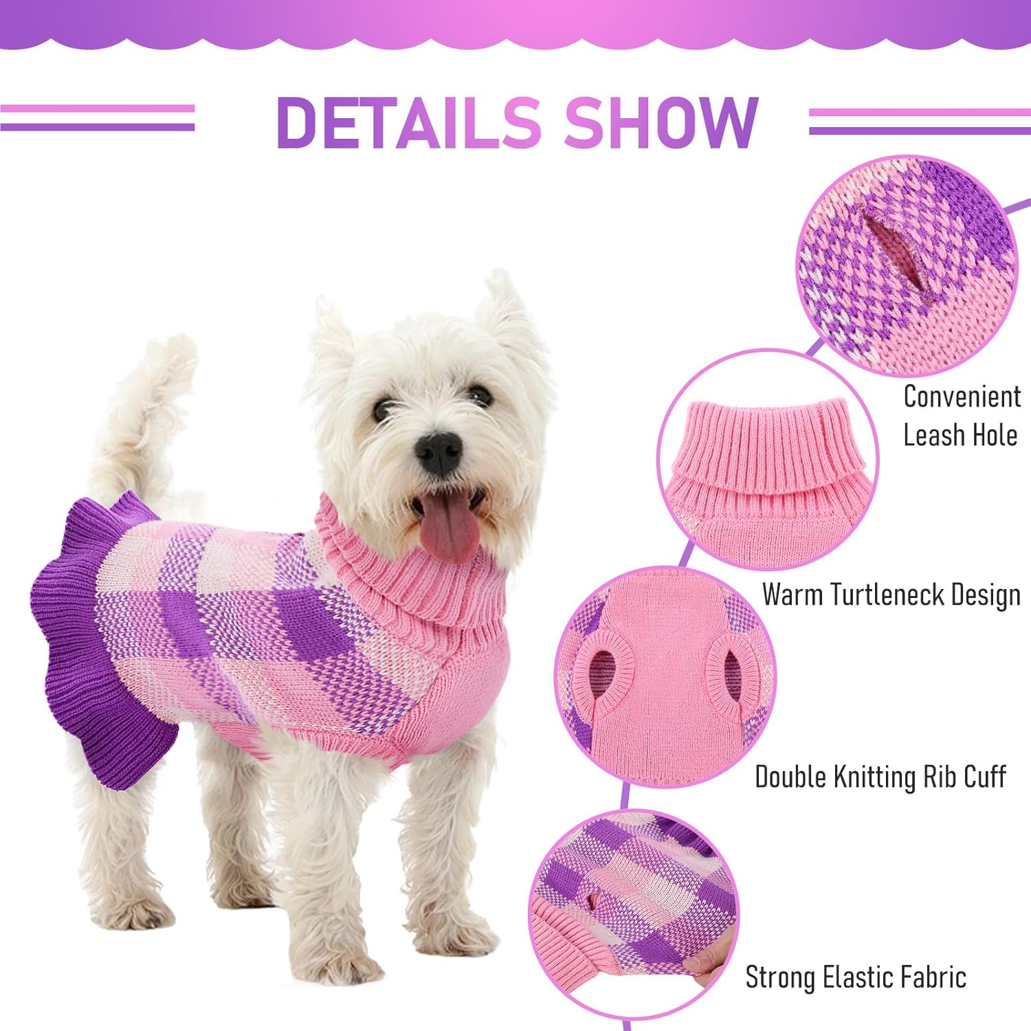 Vestido suéter para perro, ropa de punto a cuadros para perros pequeños y medianos, cálido, cuello alto, elástico, lindo chaleco de otoño e