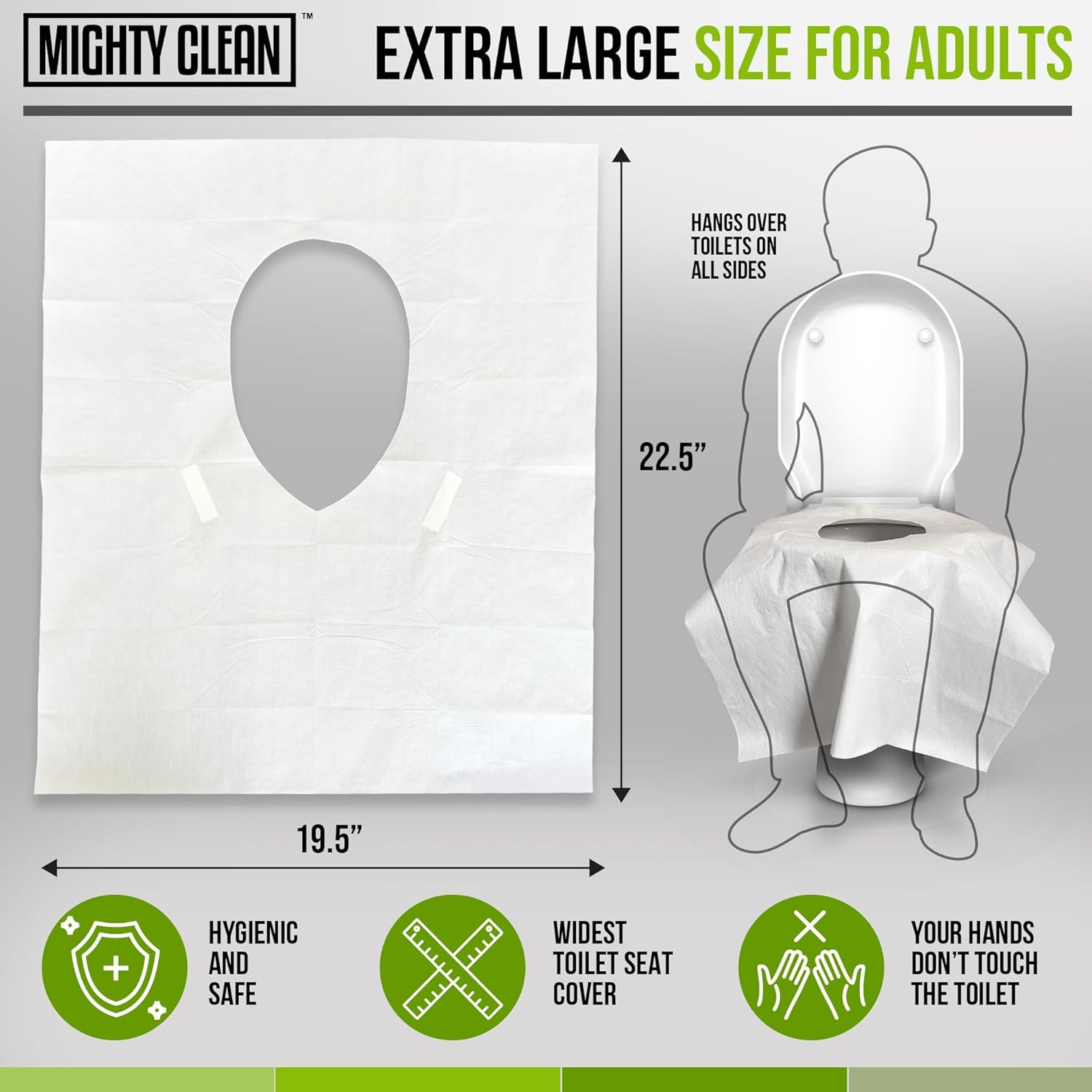 Mighty Clean – Fundas desechables para asiento de inodoro XL, 100% impermeables, envueltas individualmente, fundas extra anchas para adultos y