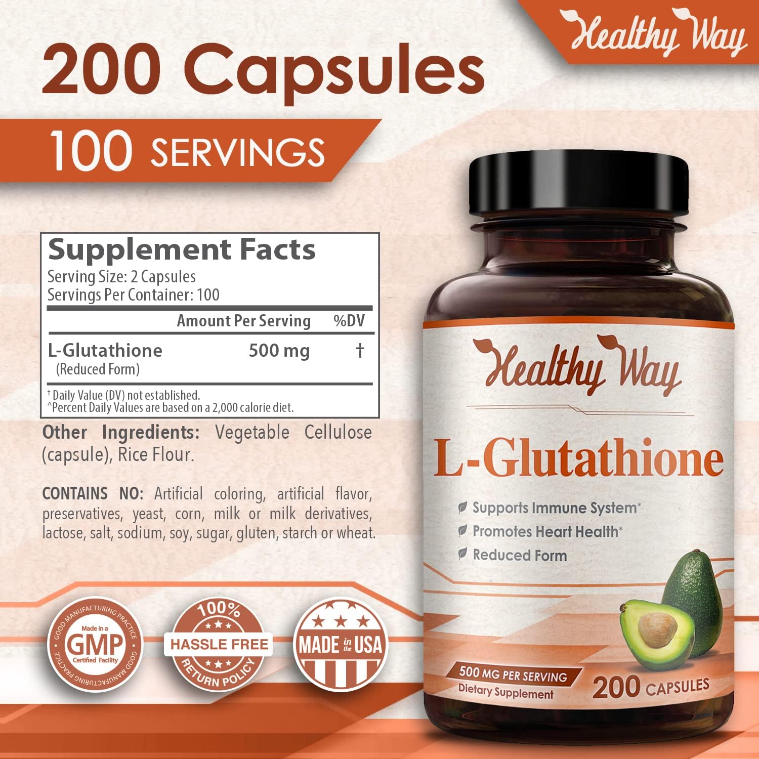 Healthy Way Reducido Glutatión 500mg Suplemento 200 Cápsulas L-Glutatión