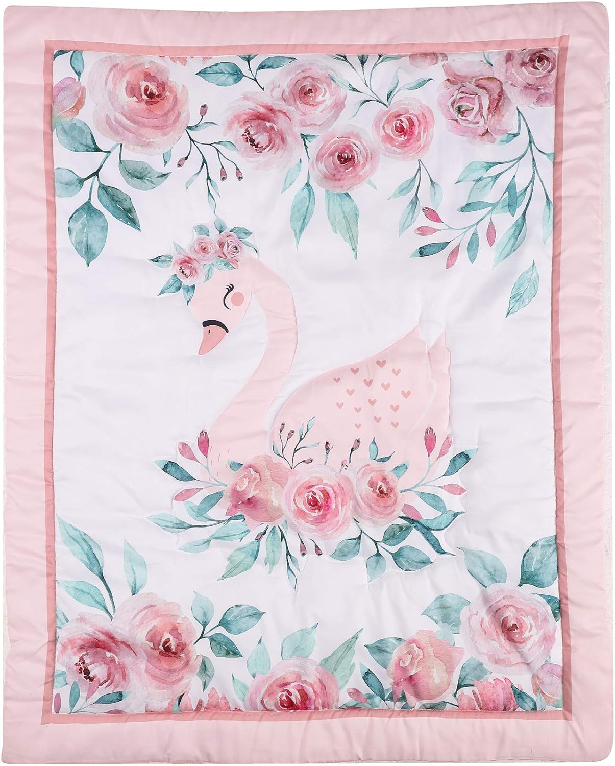 Juego de ropa de cama de 4 piezas para cuna de cisne rosa rosa con temática de cisne floral, 1 edredón, 1 falda, 1 sábana bajera, 1 cenefa de