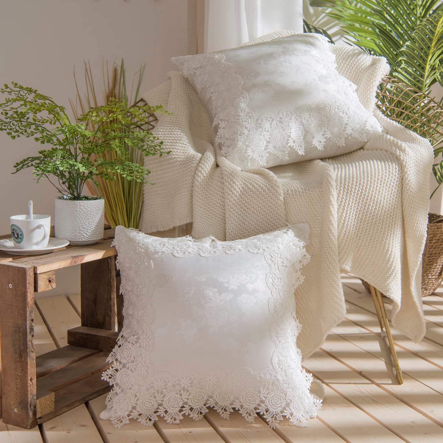 Juego de 2 fundas de almohada europeas de 26 x 26 pulgadas, fundas de almohada de encaje blanco de lujo, estilo vintage, estilo vintage, arte