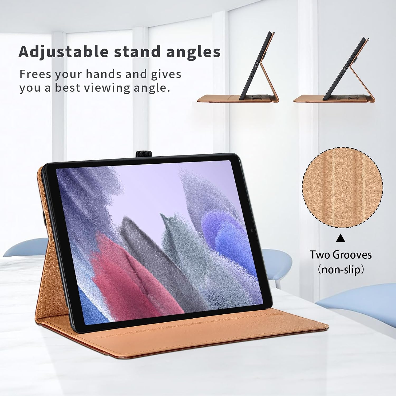 Funda para Samsung Galaxy Tab A7 Lite de 8.7 pulgadas 2021 (SM-T227T225T220) – Funda de piel sintética con correa de mano y bolsillo, color marrón