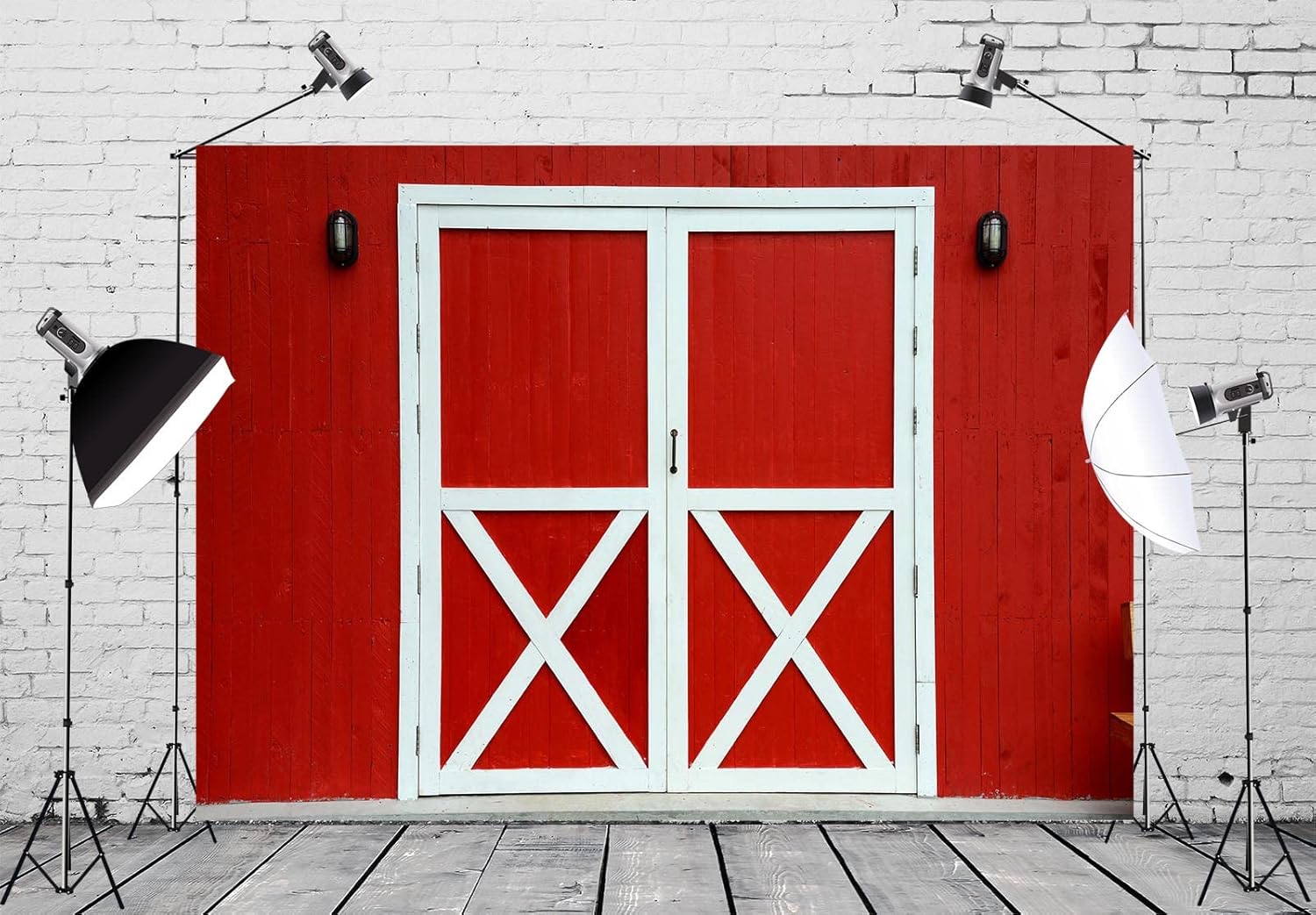 BELECO Telón de fondo rojo de granja de 8 x 6 pies para fotografía de granja, puerta de granero de madera rústica, fondo de escena del país